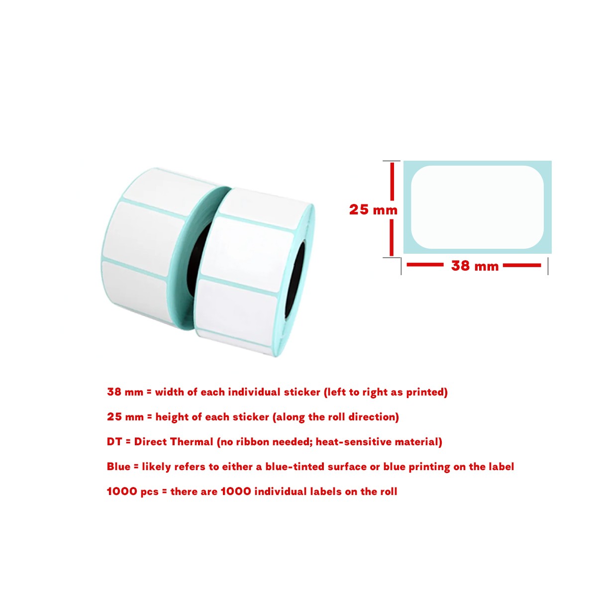Blue Direct Thermal Sticker Label Roll,(1000PCS) Size: 38 x 25 mm(DT)